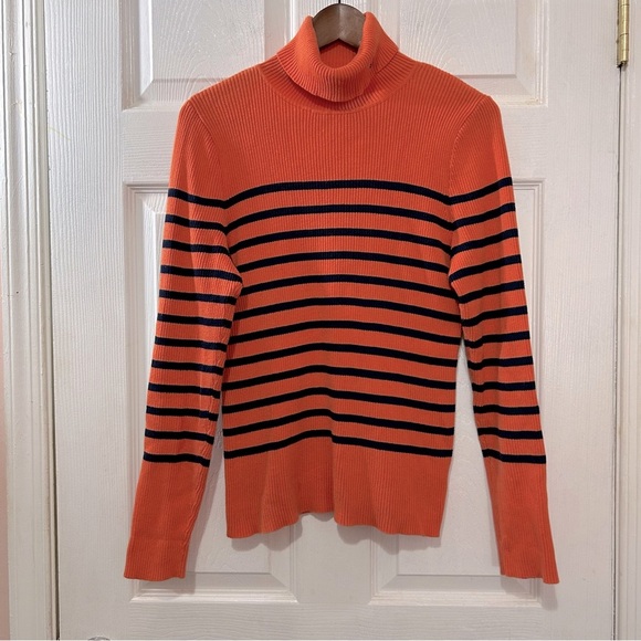 Lauren Ralph Lauren Turtleneck Sweater Women's Striped Orange Navy Size Large - Picture 1 of 8